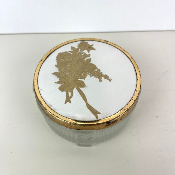 Vintage Ribbed Satin Glass Powder Vanity Jar Trinket Box - Picture 1 of 7